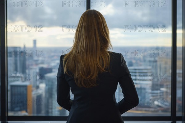 Back view of business woman looking out of window in office. Generative Ai, AI generated