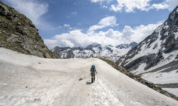 Mountaineer hiking in a snowfield, Nördliche Mörchnerscharte, behind mountain peak Greizer Spitze with snow, Berliner Höhenweg, Zillertal Alps, Tyrol, Austria, Europe