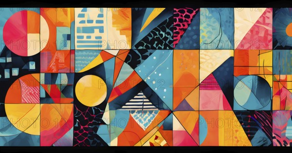 Vibrant patchwork of abstract shapes with pencil texture details, perfect for a variety of creative projects, AI generated