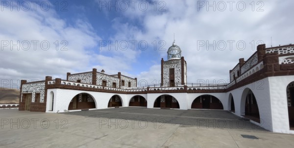 Panorama of view of inner courtyard of building complex of lighthouse Faro de la Entallada from 50s year 1953 1954 with large glass dome, Las Playitas, Tuineje, Las Palmas, Fuerteventura, Canary Islands, Spain, Europe