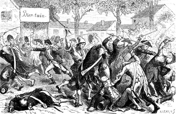 Unrest in Holland, Prussian military invades Holland (1787), suppress uprising, soldiers, city, crowd, cudgel, sword, Prussia, historical illustration 1882