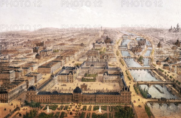 Panorama of the Tuileries and the Louvre, Paris around 1870, France, Historical, digitally restored reproduction from a 19th century original, Record date not stated, Europe