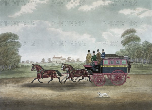 The coach Unicorn Norwich, Men in the coach Norwich to Cromer, drawn by three horses, 1830, England, Historical, digitally restored reproduction from a 19th century original, Record date not stated