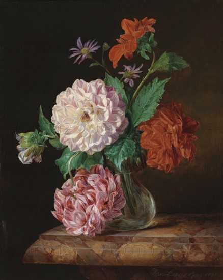 Bouquet of flowers with dahlias, painting by Josef Lauer (1818, 1881), Austrian still life painter who was active in the Biedermeier period, among others