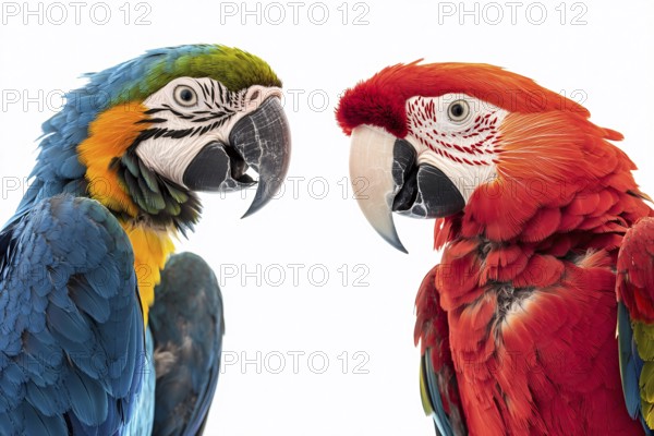 Red and blue Macaw parrot birds on white background. Generative Ai, AI generated