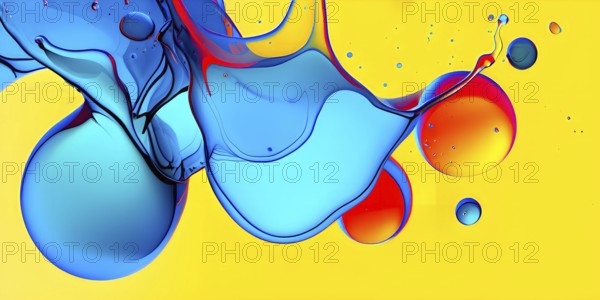 Abstract image with vibrant blue and red blobs and liquid shapes on a yellow background, AI generated