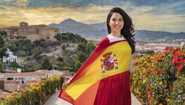 A smiling woman in a red dress waves the Spanish flag in front of a picturesque cityscape, AI generated, AI generated