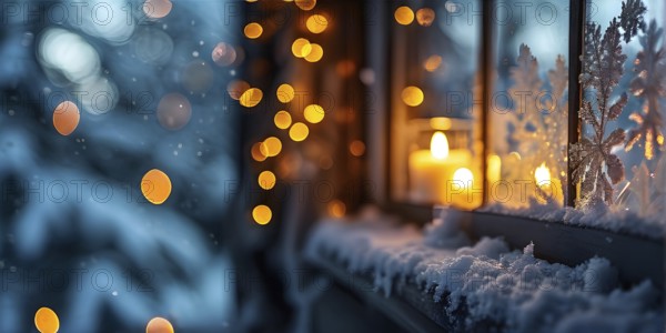 Snow-covered window with frost patterns, candlelight softly glowing through the glass, and warm, blurry Christmas lights in the background, AI generated