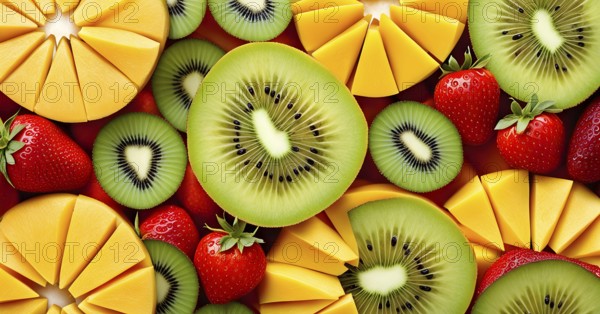 Colorful and artfully arranged slices of fruits like mangoes, strawberries, and kiwi, AI generated