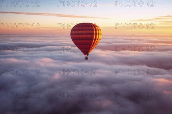 Colorful hot air balloon floats over a sea of clouds at sunset at sunset with orange and blue skies in the background. Travel journey adventure beauty of nature concept, AI generated