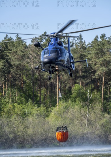 Forest fire in the German-Dutch border region near Niederkrüchten-Elmpt, in a nature reserve, deployment of fire-fighting helicopters, Eurocopter EC 155, Federal Police with extinguishing water tank, Bambi Bucket