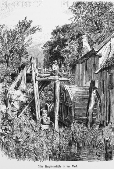 Old copper mill near Lauenburg, district Duchy of Lauenburg, watermill, copper, stream, wooden construction, SMann, chleswig-Holstein, Germany, historical illustration 1880, Europe