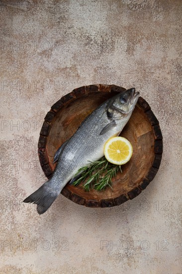 Fresh, raw sea bass fish, in a wooden plate, top view, no people