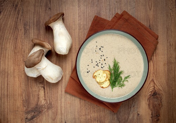 Mushroom cream soup, with dill and bruschetta, mushroom eringi