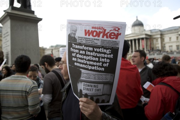 May Day march and rally at Trafalgar Square, London, England, UK May 1st, 2010 Weekly Worker newspaper paper of Communist Party of Great Britain (Provisional Central Committee)