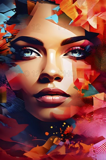 AI generated abstract portrait in vector art foundation watercolor textures with overlapping photographic elements