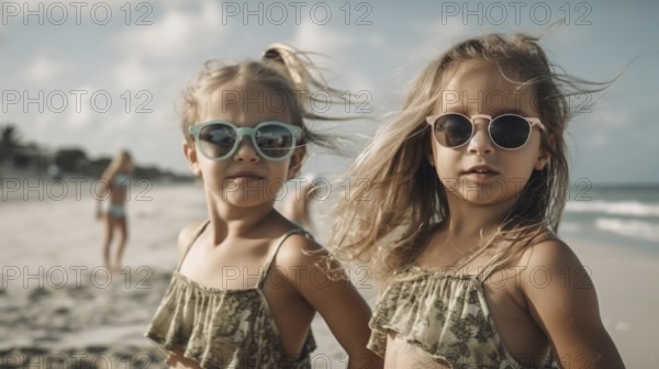 Two young girlfriends posing wearing sunglasses having fun on the beach, generatvie AI, AI generated