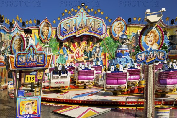 Empty fairground shop Shake under a blue sky in the morning, Cranger Kirmes, Herne, Ruhr area, North Rhine-Westphalia, Germany, Europe