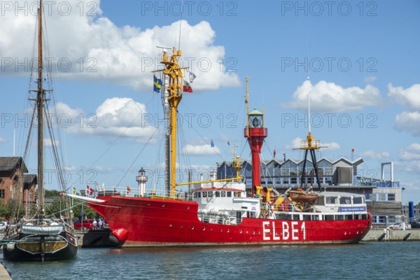 The German lightship Elbe 1 on visit in Ystad harbor, Skåne County, Baltic Sea, Sweden, Scandinavia, Europe