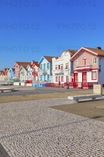 Traditional wooden striped houses, Costa Nova do Prado, Aveiro, Portugal, Europe