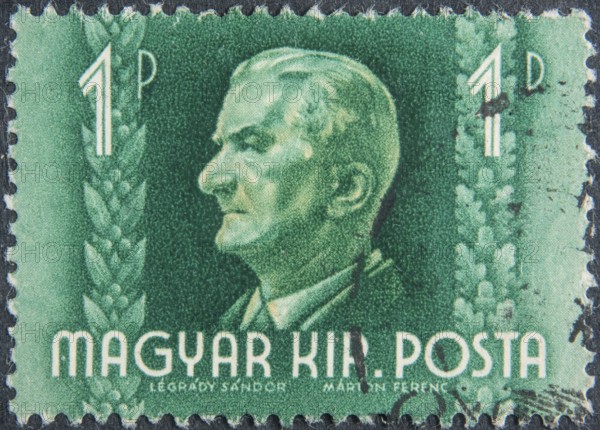 Miklós Horthy, (1868, 1957), Austro-Hungarian naval officer, Hungarian politician and military and head of state of Hungary from 1920 to 1944. Portrait on a Hungarian postal stamp