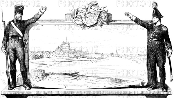 Kolberg or Kolobrzeg, town view from the Baltic Sea, Poland, churches, ornamentation, soldiers, weapons, sword, rifle, military, historical illustration 1882, Europe