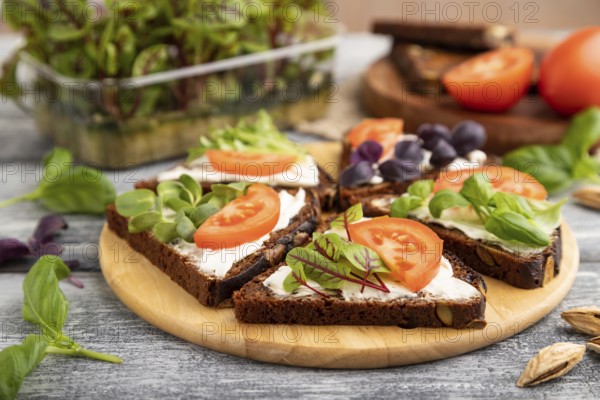 Grain rye bread sandwiches with cream cheese, tomatoes and sorrel microgreen on gray wooden background and linen textile. side view, close up, selective focus