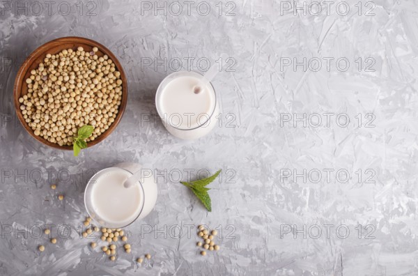 Organic non dairy soy milk in glass and wooden plate with soybeans on a gray concrete background. Vegan healthy food concept, flat lay, top view, copy space