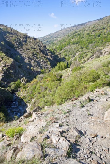 Landscape of the River Rio Poqueira gorge valley, High Alpujarras, Sierra Nevada, Granada Province, Spain, Europe