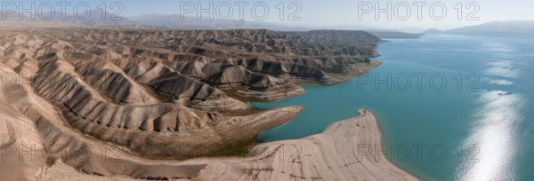 Aerial view, erosion landscape on the Naryn River, Toktogul Reservoir, Kyrgyzstan, Asia