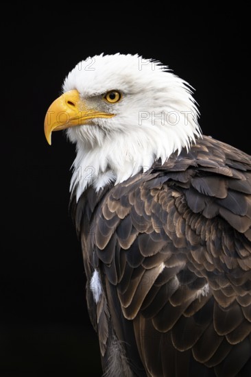 Portrait of a bald eagle against a dark background, looks dignified, Germany, Europe