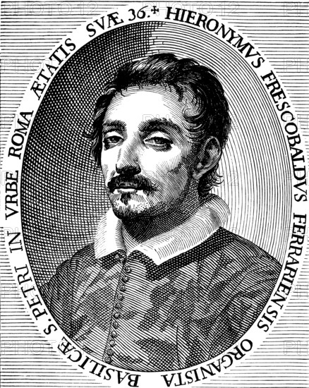 Hieronymus Frescobaldi (1583-1643), important composer of early rock music, especially for keyboard instruments, fugue as a musical form in its own right, organist at St Peter's Basilica in Rome, young man, history of German music, historical illustration 1892