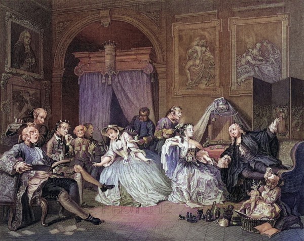 Marriage a la Mode Toilette scene From the original picture by Hogarth from The Works of Hogarth published London 1833, Historisch, digital restaurierte Reproduktion von einer Vorlage aus dem 19. Jahrhundert, Record date not stated