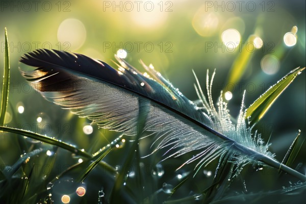 A lone feather resting gently on a dew-covered grassy field, with soft morning light illuminating the delicate details, AI generated