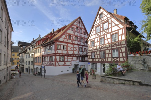 Half-timbered houses and people in the Kirchstraße, Meersburg, Obersee, Lake Constance, Lake Constance area, Baden-Württemberg, Germany, Europe