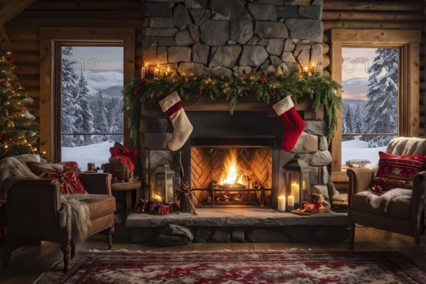 Traditional stone fireplace decorated for Christmas, with garlands, stockings, and candles, set in a cozy, snow-draped winter cabin, AI generated