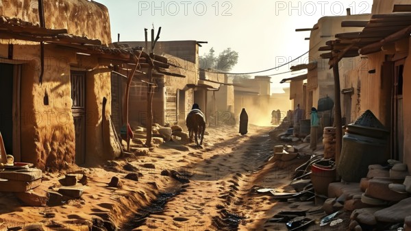 Village with traditional mud houses nestled in the thar desert, AI generated