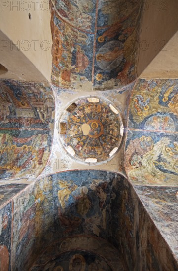 Ceiling frescoes in the Byzantine ruined city of Mystras or Mistra on the Taygetos Mountains, UNESCO World Heritage Site, Laconia, Peloponnese, Greece, Europe