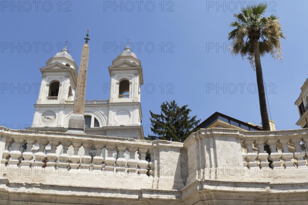 The church Santissima Trinita dei Monti, Santa Trinita dei Monti or Santissima Trinita al Monte Pincio, Most Holy Trinity on Mount Pincio, and the Obelisco Sallustiano, above the Spanish Steps in Rome, Italy, Europe