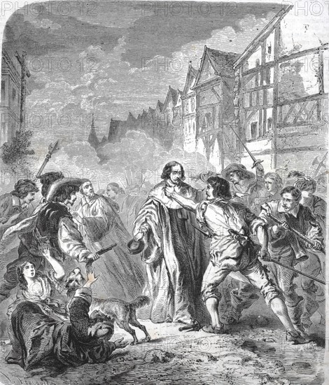 Historical, digitally restored reproduction from a 19th century original, Record date not stated, Matthieu Mole is insulted by citizens in Paris. Mathieu Molé (14 December 1584 in the parish of Saint-André-des-Arts in Paris, † 3 January 1656 in Paris) was a French magistrate and statesman. As First President of the Parlement of Paris, he played an important role during the Fronde and later became Keeper of the Seals, France, Europe