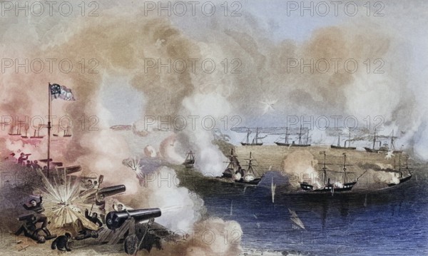 Bombardment and capture of Forts Walker and Beauregard Port Royal South Carolina 7 November 1861, USA, Historical, digitally restored reproduction from a 19th century original, Record date not stated, North America