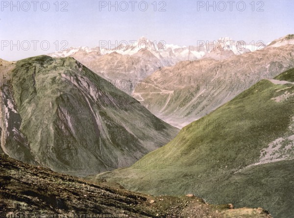 Furka Pass, view from the summit, Bernese Oberland, Switzerland, Historic, digitally restored reproduction from a 19th century original, Record date not stated, Furka Pass, view from the summit, Bernese Oberland, Switzerland, Historic, digitally restored reproduction from a 19th century original, Record date not stated, Europe