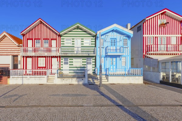 Traditional wooden striped houses, Costa Nova do Prado, Aveiro, Portugal, Europe