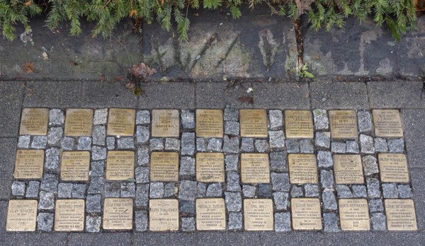 Stolpersteine, copper memorial plaques of murdered Jewish citizens during the Nazi era, Maximiliansplatz, Erlangen, Middle Franconia, Bavaria, Germany, Europe