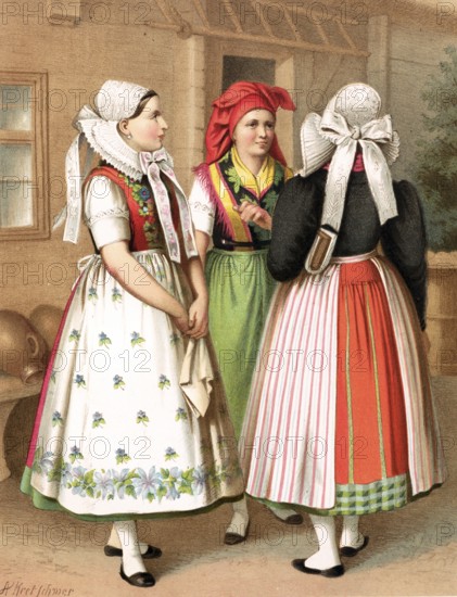 Traditional costumes in Germany around 1820, Province of Prussia, Spreewald, Three woman in traditional costumes stand in a rural setting, wearing colourful dresses and headscarves, digitally retouched reproduction of a model from around 1850, by Albert Kretschmer (27 February 1825, 11 July 1891), German painter and traditional costume expert