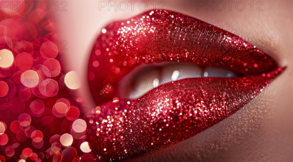 A woman's lips are covered in red glitter. Concept of glamour and sophistication, luscious lips, AI generated