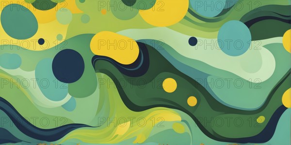 Abstract wallpaper with colorful blobs and liquid shapes on a green background, AI generated