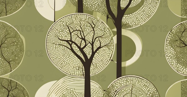 Abstract geometric tree with a circular canopy and a rectangular trunk, arranged in a clean, balanced design with a limited color palette of olive green, deep brown, and ivory, AI generated