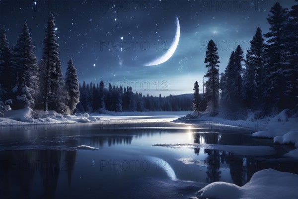 Tranquil winter night scene with a crescent moon and stars shining brightly over a frozen lake, with a line of snow-covered pine trees reflected in the lake, AI generated