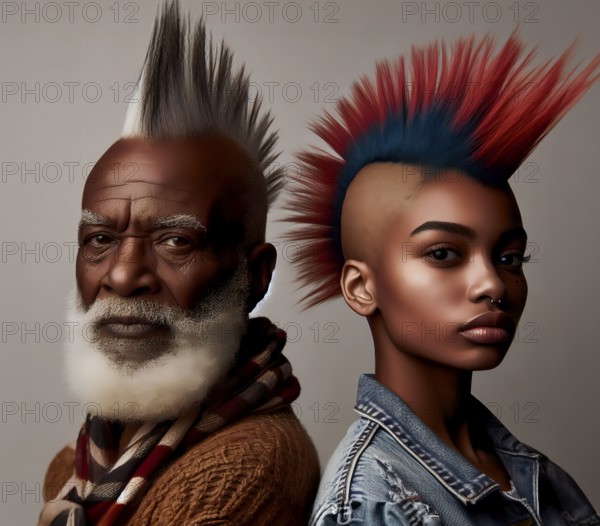 An old male and a female punk with punk hairstyle, mohawk, symbolic image youth culture, punk, rebellion, AI generated, AI generated